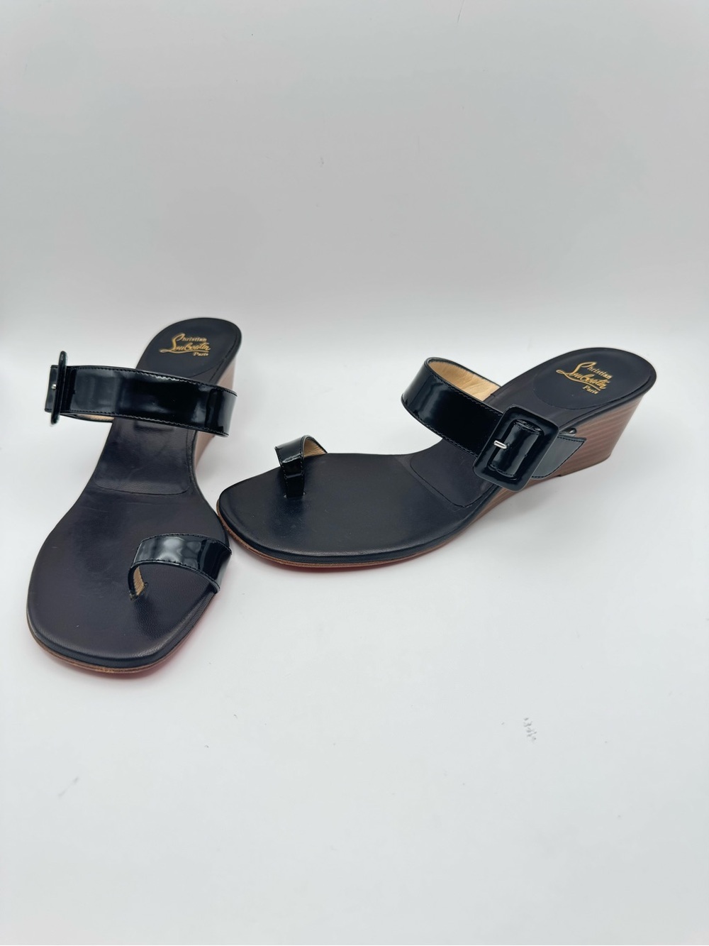 Christian Louboutin Black Patent Leather Wedge Slide Sandals EU 36.5